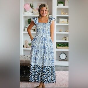 Bliss on Brannon Victoria Smocked Maxi Dress Women's Small Blue White Black